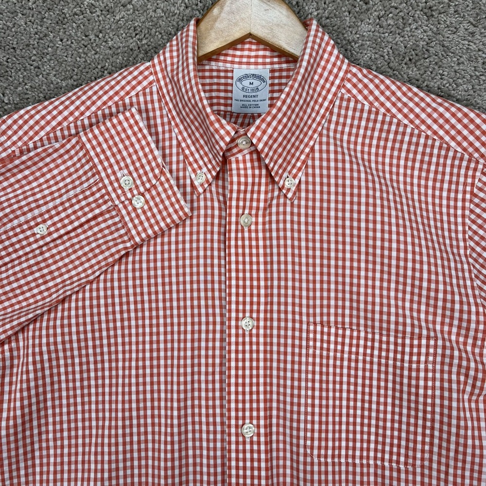 Brooks‎ Brothers Shirt Mens M Orange White Gingham Long Sleeve Button Down EUC